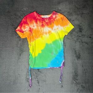 Rainbow Multicolor Soft Fitted Y2K Ribbed Tie Dye Cinched Adjustable Crop Top
